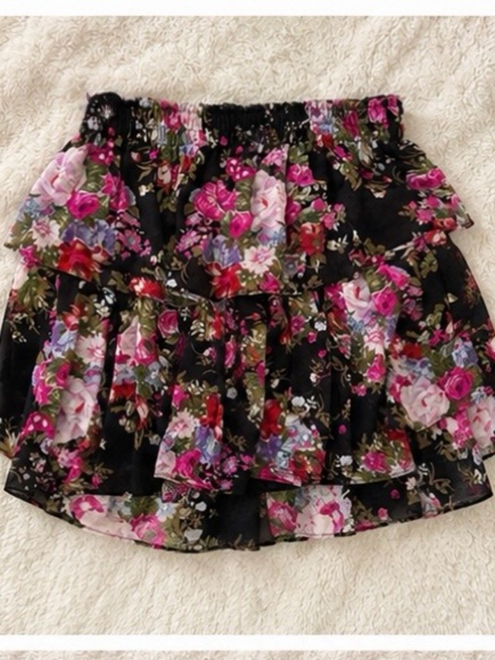LoveShackFancy Black Floral Ruffled Skirt